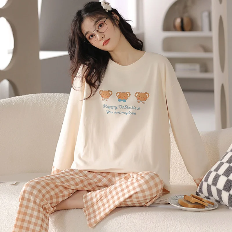 새로운 봄, 가을 잠옷 여성의 가을, 겨울 긴팔 바지 2 조각 홈 의류 숙녀 잠옷 세트