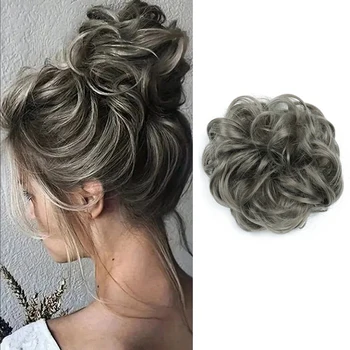 Chignon Sintetico Grigio Scuro Grande e Voluminoso per Acconciature da Sposa, Effetto Disordinato e Riccio
