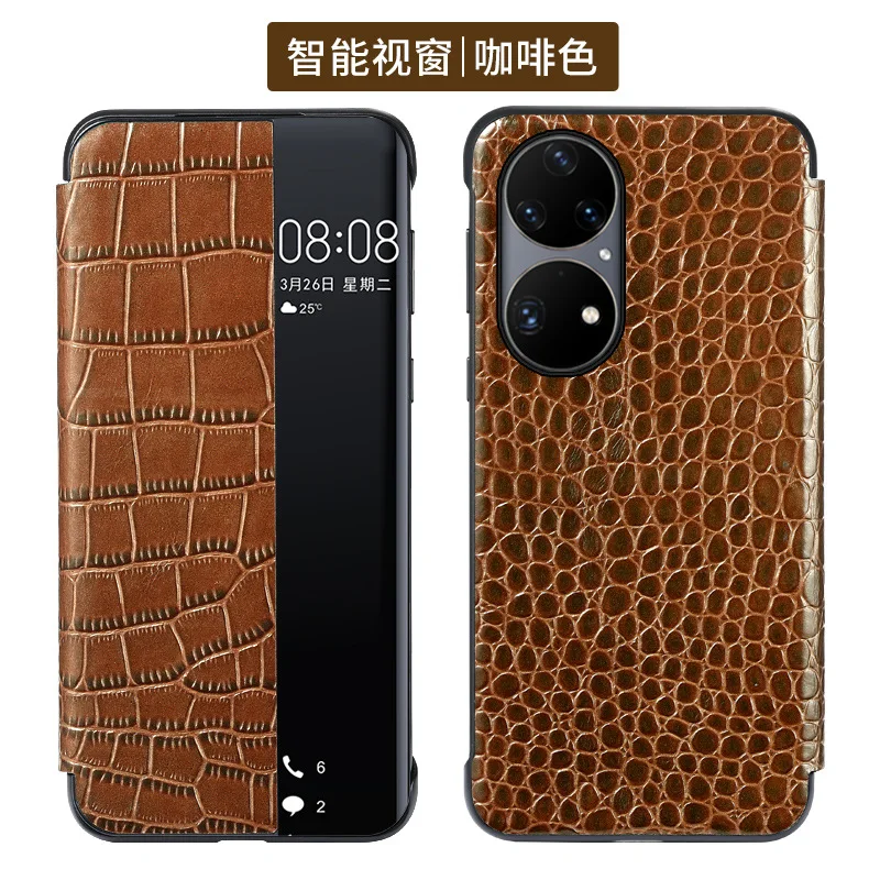 Sales Luxury Crocodile Grain Cowhide Leather Cover For Huawei P50 Pro Real Genuine Cow Skin Intelligent Sleep Window Flip Case