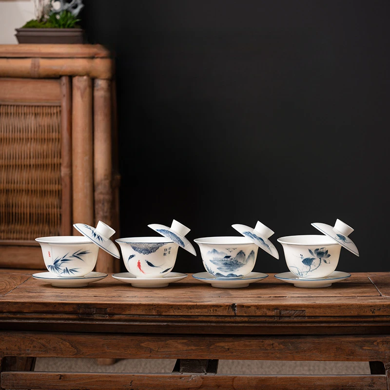 Hovering Hand-painted Mutton Fat Jade Porcelain Cover Bowl Single Three-cai Cup Kung Fu Tea Set Tea Cup Suspension Bowl Large