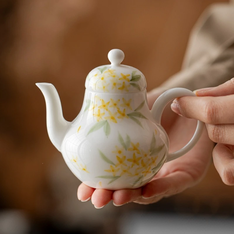 125ml White Porcelain Hand Painted Osmanthus Tea Pot Household Large Tea Pot Single Pot With Filter Kung Fu Tea Set Handle Pot