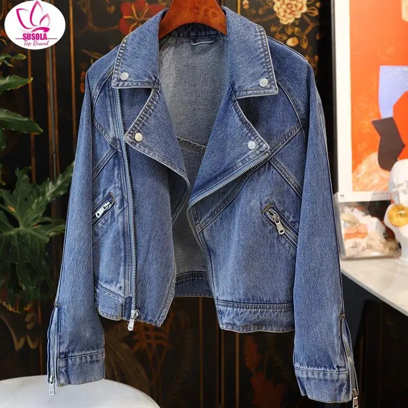 

SUSOLA New Spring Autumn Women Casual Moto Biker Denim Jacket Lady Vintage Loose Lapel Zipper Solid Color Short Cowboy Coat