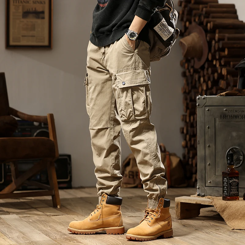 American drawstring elastic waist retro youth trendy brand men's zipper large pocket work clothes casual pants multiple bags was