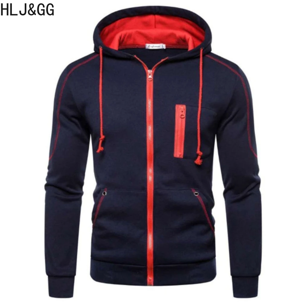 HLJ&GG Casual Men's Solid Hoodies Autumn Round Neck Zipper Hooded Sweatshirt High Quality Couple Sweater Coat 2023 New Arrivals