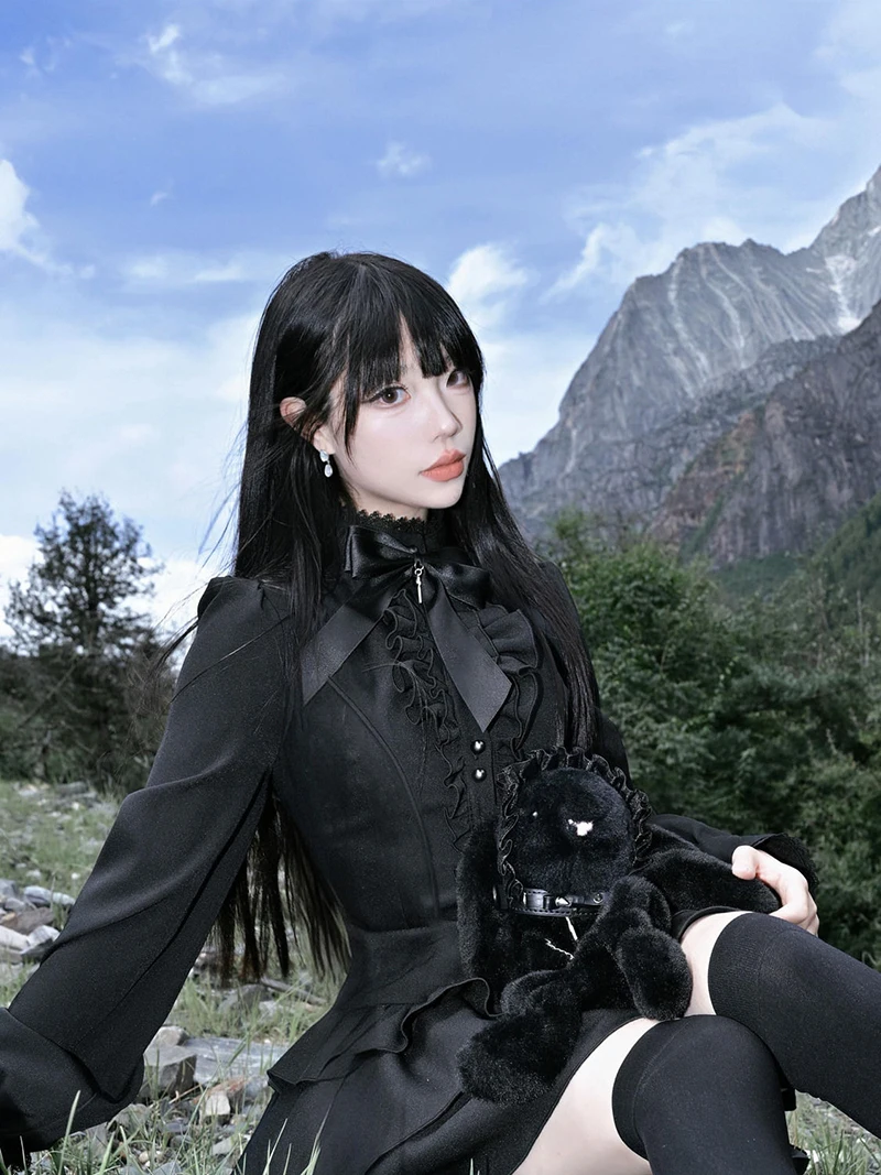 Y2K Lolita Dress - Gothic Mini Patchwork Lace Vintage Black Ruffle Slim Fit