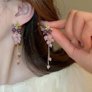 925 Silver Needle Fresh Sweet Flower Earrings For Women Jewelry 2025 Trending Korean Fashion Purple Grape String Drop Earrings