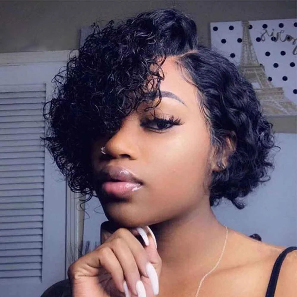 Curly Human Hair Wigs Side Part Wig Short Bob Pixie Cut Wig T Part Brazilian Human Hair Deep Curly 13*1 Lace Front Wigs