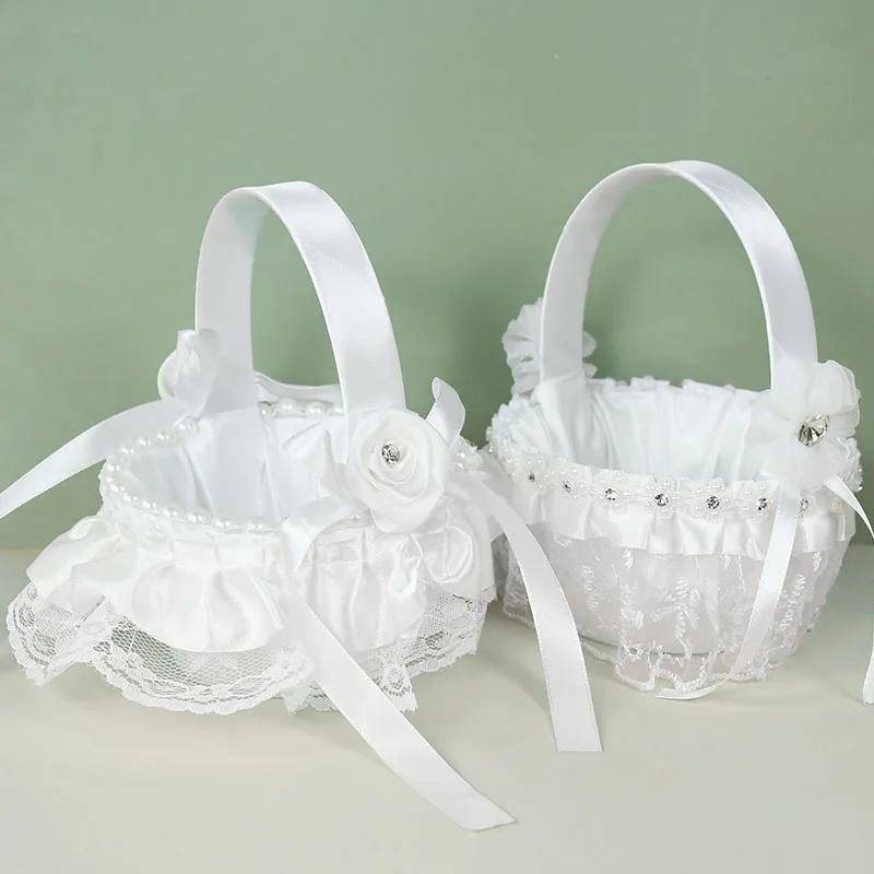 

White Flower Basket Lace Pearl Rhinestone Flower Girl Basket Rustic Wedding Ceremony Bridal Shower Table Decoration Table Basket