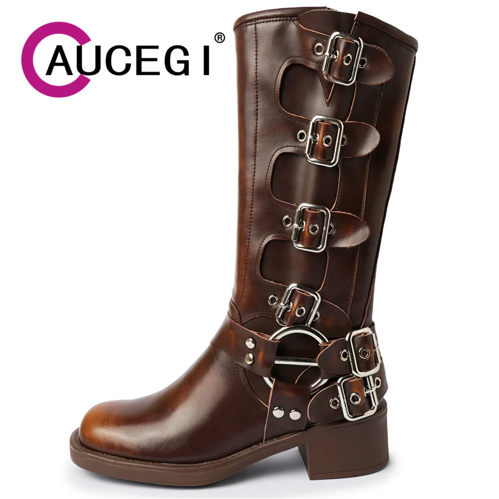 

Aucegi 2023 New Trend Autumn Winter Motorcycle Knee High Boots Fashion Female Sexy Black Brown Slip On Round Toe Buckle Shoes