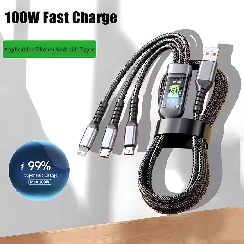 3 In 1 100W Transparent Pilot Lamp Super Fast Charging Cable Universal with Type C Usb Micro for Iphone Samsung Huawei Xiaomi 6A 5