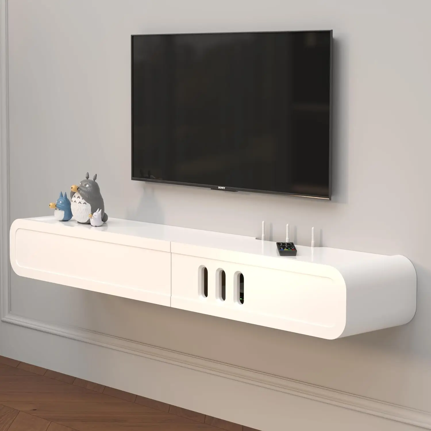 

Floating TV Stand in Solid Wood, 52'' High Gloss Wall Mounted TV Cabinet, Floating TV Shelves with 2 Large Doors