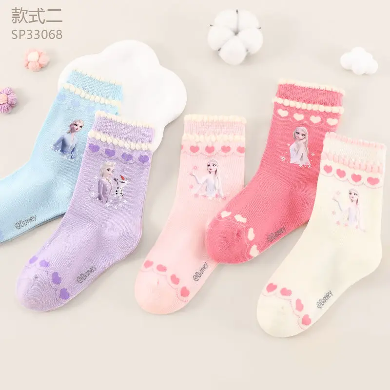 

5Pairs Disney Elsa Mid-calf Socks 3-4-6-8-10Y Girls Cartoon Candy Colors Sports Breathable Socks Four Seasons Kids Tube Socks