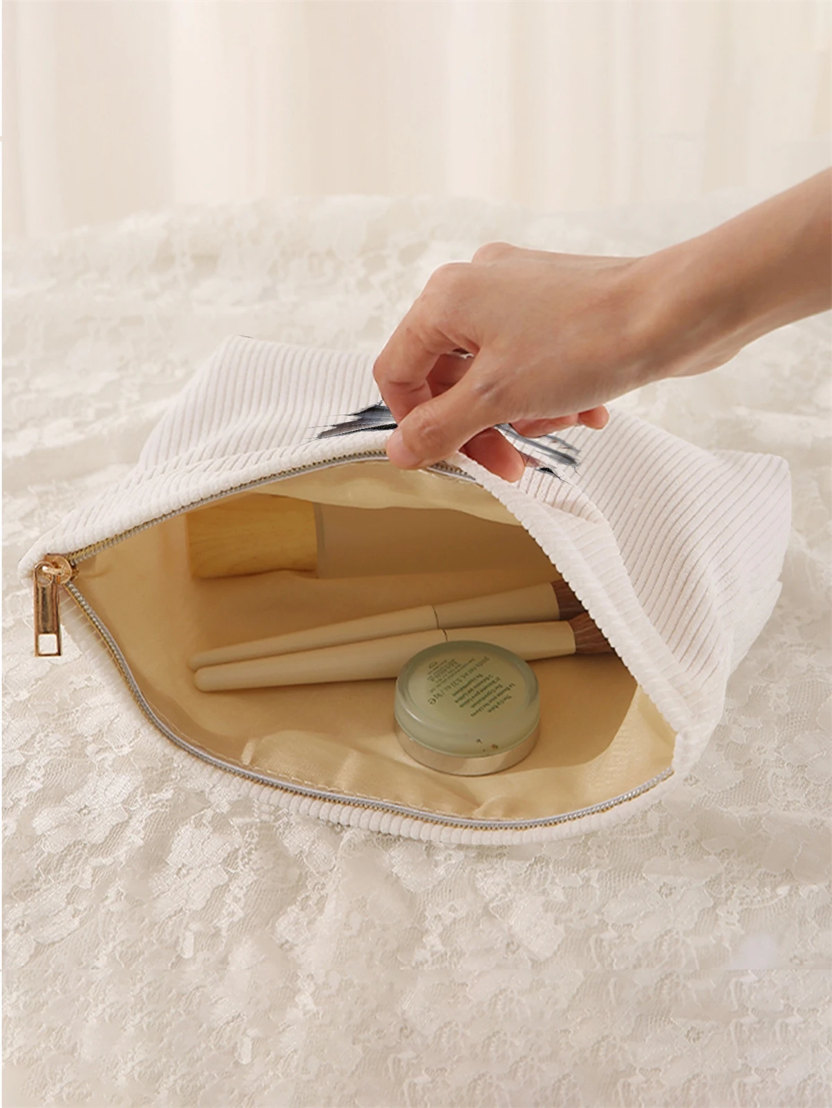 1 cat pattern printed corduroy makeup bag, lightweight zipper makeup storage box, multifunctional bag with lining