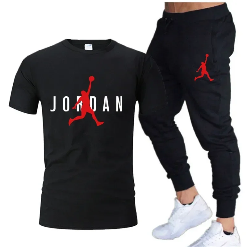 Summer Men's Tracksuit Suit Short Sleeve T-Shirt + Trousers 2-Piece Sets Fitness Jogging Sports Pants Sportswear Suit