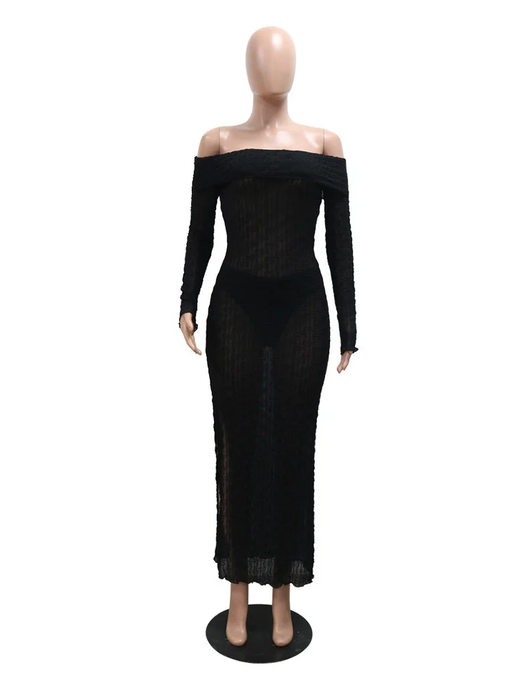 Wmstar Women Dress Summer Sexy Perspective Slim Fashion Nightclub Style Slash Neck Long Sleeve Perspective Knitted Slit Dresses