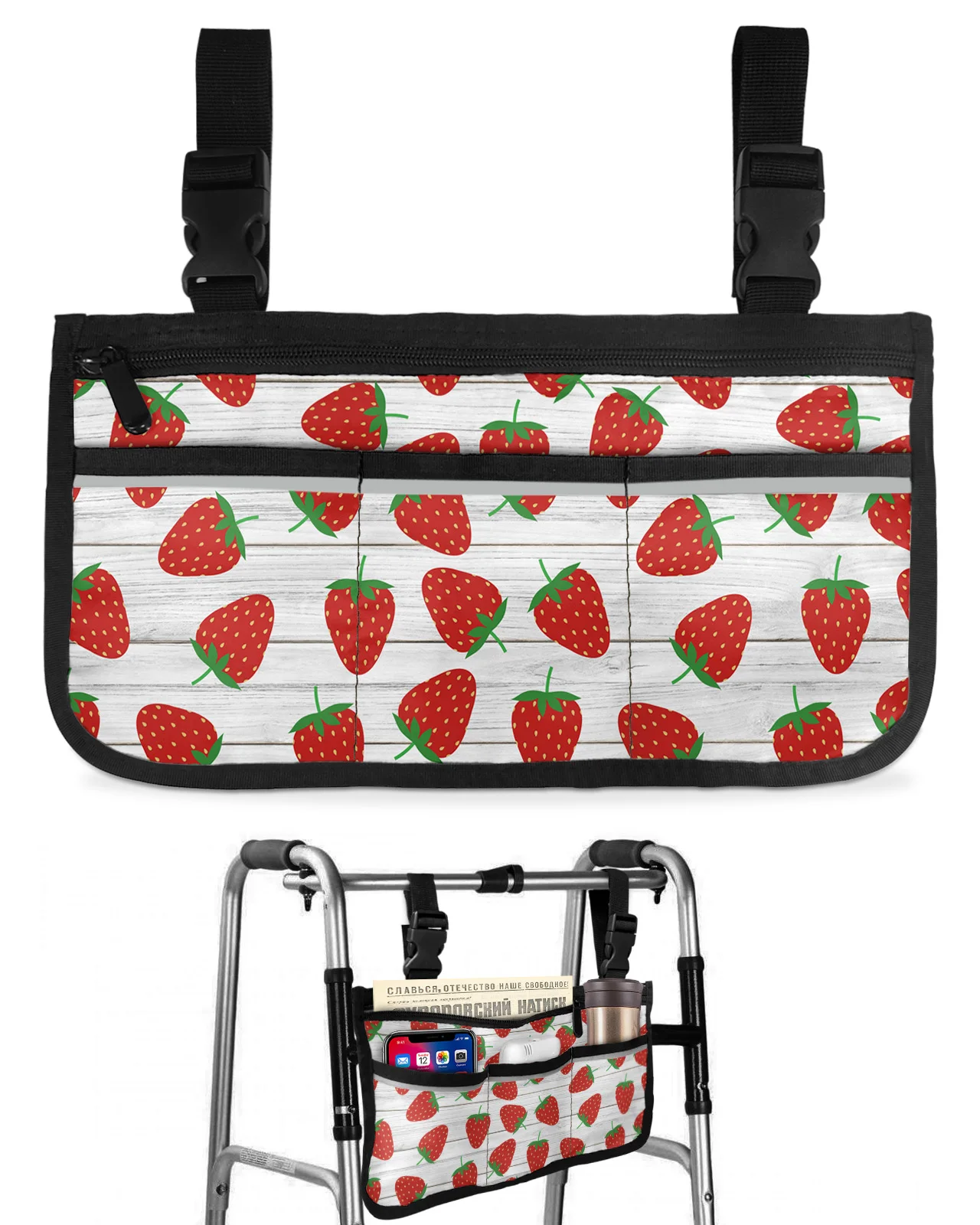 

Fruit Strawberry Wooden Texture Wheelchair Bag With Pockets Armrest Side Bags Electric Scooter Walking Frame Storage Pouch