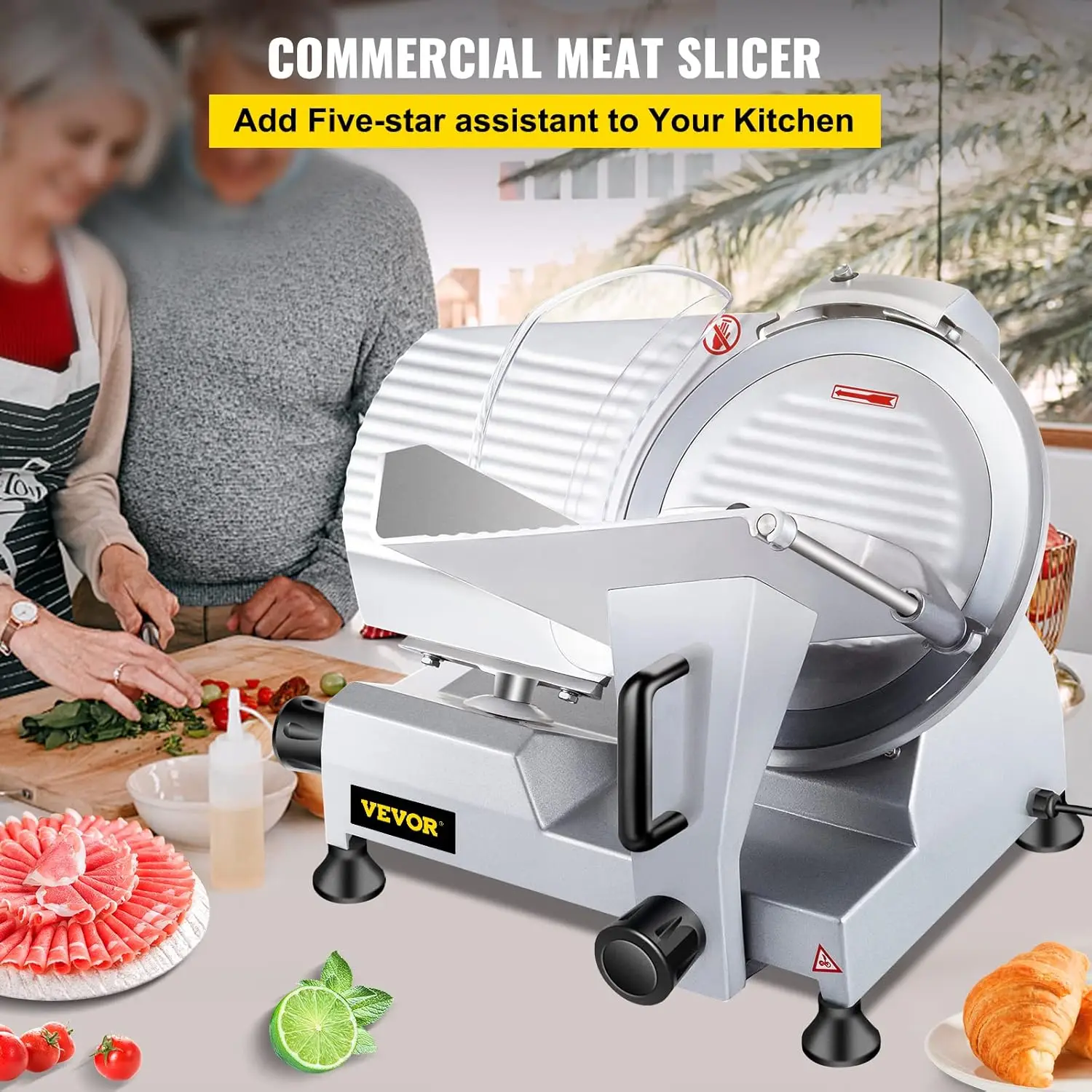 Vbenlem Commercial Meat Slicer,12 Inch Electric Meat Slicer Semi-Auto 420W Premium Carbon Steel Blade Adjustable Thickness, 2