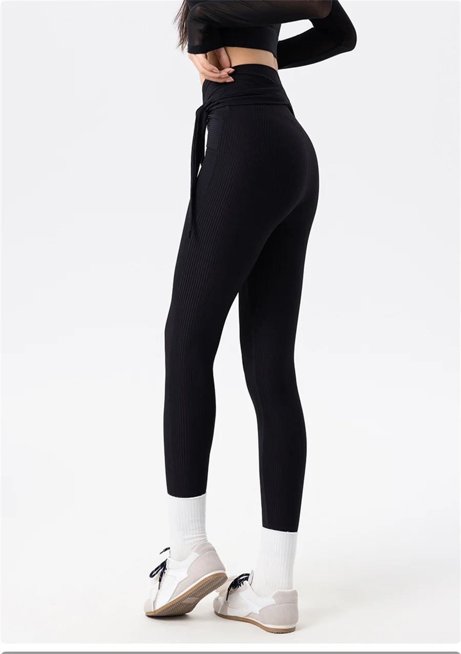 Frauen Hohe Taille Yoga Leggings Erwachsene Atmungsaktive Gym Fitness Hosen Persönlichkeit Verband Taille Klassische Ausbildung Laufhose – Detail 12