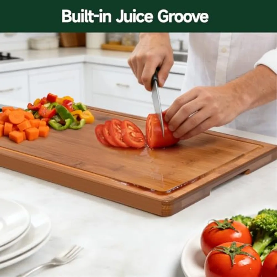 Kitchen bamboo cutting board - crack-resistant natural wood with deep juice grooves, pre-oiled butcher block in warm brown for 4