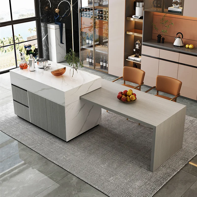Kitchen Island Table, Dining Table, Retractable and Movable, Rotating Rock Plate Suitable for Bar Kitchens