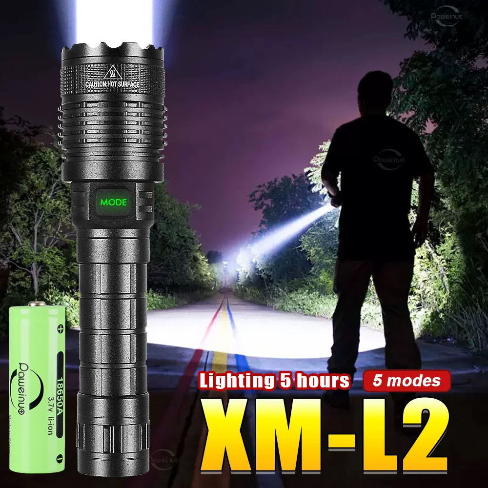 

Super Strong Light Flashlights L2 Wick High Power Rechargeable LED Flashlight 5 Modes Powerful LED Lantern Type-C Charging Torch