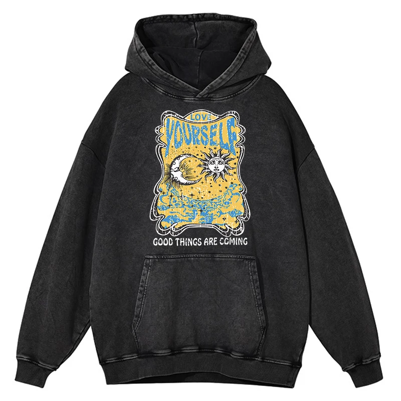 thumbnail image 1 of Sudadera con capucha retro desgastada con la frase "La luna le dijo a la hermana el sol: ámate a ti mismo" para hombre, ropa de calle de hip hop, 100 % algodón, 1 of 5