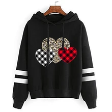 

Fashion Autumn Warm Sweatshirt Women Cute Love Hearts Leopard Plaid Print Hedging Blouse Tops Pocket Drawstring Pullover Hoodie