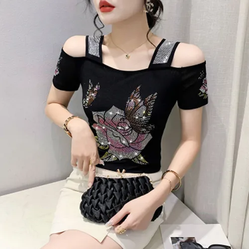 M-3XL 오프 숄더 섹시 티셔츠, 빛나는 다이아몬드 메쉬 탑, 올 매치 티 블라우스, 유럽 여아 패션, 신제품, 여름 3