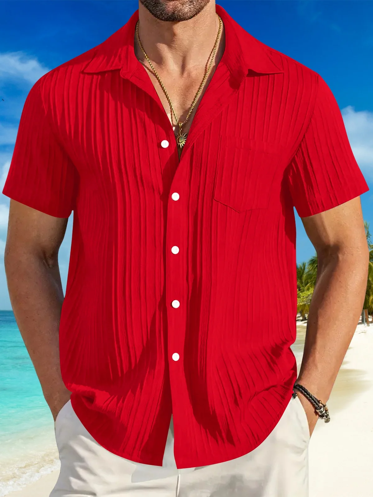 Men's casual striped jacquard pit strip lapel chest pocket beach outdoor short-sleeved shirt casual short sleeved shirt short sleeved shirt button down shirt