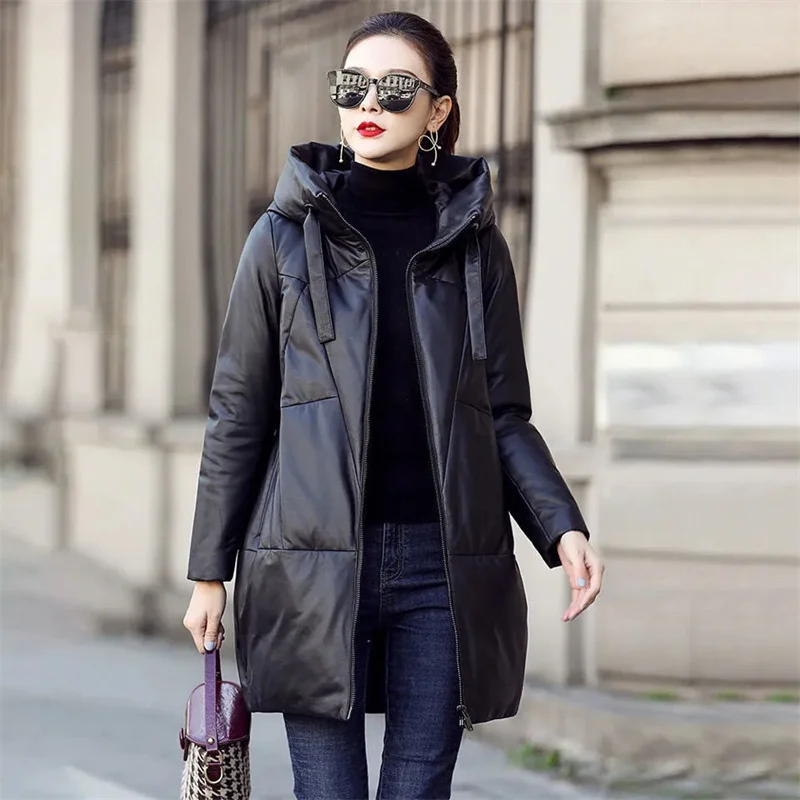 

6XL Black Leather Jacket Women Mid-length PU Leathe Overcoat Parkas Female 2023 Winter New Korean Thickened Loose Cotton Coat