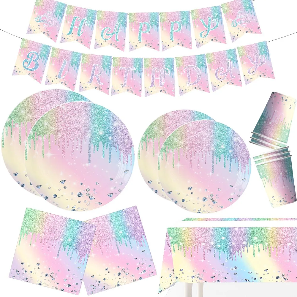

Diamond Party Disposable Tableware Girls Macaron Rainbow Birthday Party Supplies Rainbow Gradient Paper Plates Napkins Cups