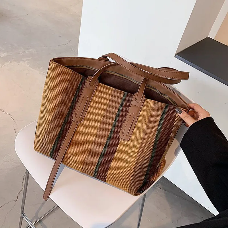 Large Capacity Canvas Tote Shoulder Bags For Women New Luxury Stripes Ladies Handbag Female Big Shopper Bag Purses Free Shipping