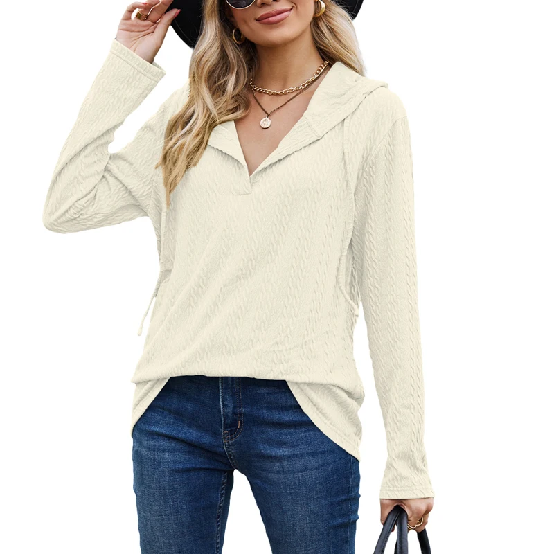 2023 Spring Autumn Solid Color Hooded Drawstring Long Sleeve Sweatshirts Women Casual Loose Jacquard Weave All-match Pullovers