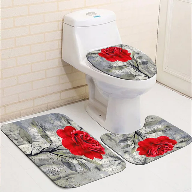 Rose Flower Shower Curtain Set Non-Slip Rugs Bath Mat Toilet Lid Cover and 12 Hooks Waterproof Polyester Bathroom Decor J-Bath Rug Mat-3Pcs