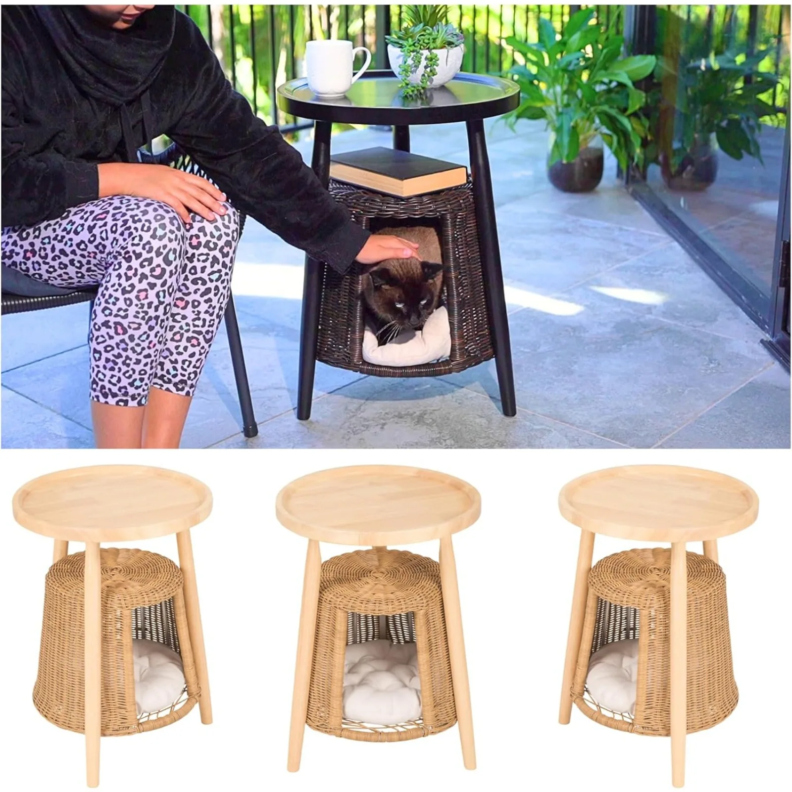 US Cat Condo Side Table, 2-in1 End Table & Cat Bed, Kitten Hideaway Cave House Washable Cushion, Decorative Pet Furniture 1