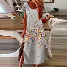  Summer Dress Women 2022 Plus Size O Neck Printed Sundress Short Sleeve Midi Dress Loose Boho Dress Vestidos Elegantes Para Mujer 