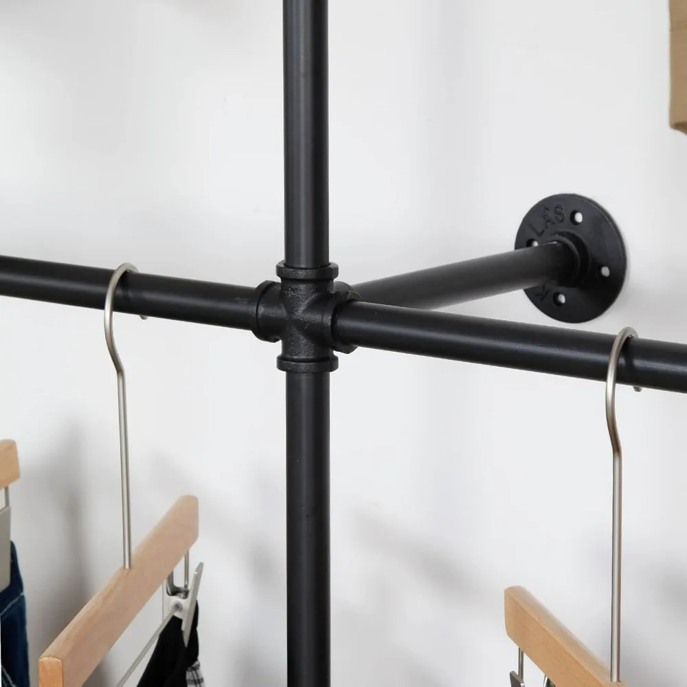 Sturdy Industrial-Style Wall-Mounted Clothing Rack with Heavy-Duty Hanging Rod for Garments and Display