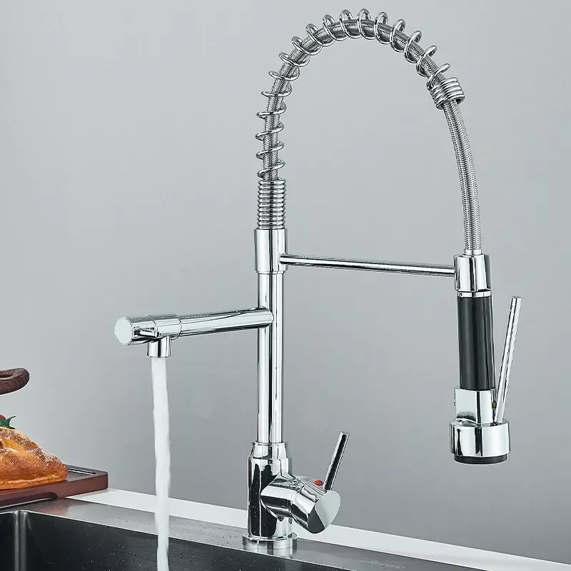 Chrome Brass Kitchen Sink Faucet Pull Down Hot and Cold Water Mixer2 Mode Tap with Dual Spout 360 Rotation Flexible Deck Mounted 5