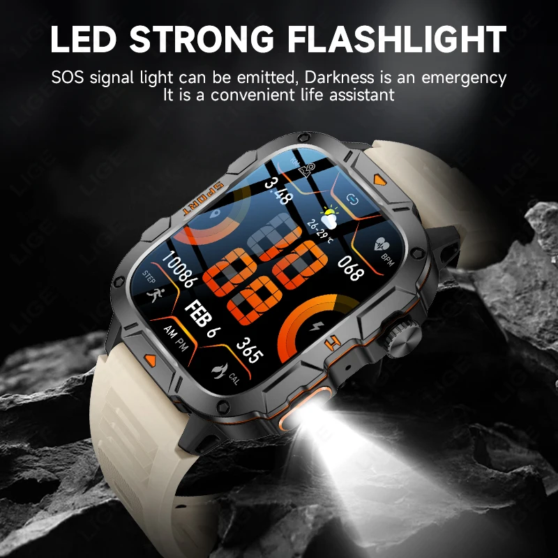 LIGE 5ATM Outdoor Sports Smart Watch GPS Trackr Flashlight 1.96 HD Display Screen Bluetooth Call Fitness Watches For Android IOS