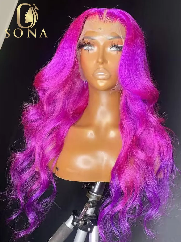 

13X6 HD прозрачные кружевные передние парики, цветные Лавандовые, фиолетовые, розовые, красные волнистые передние парики на сетке, парики из человеческих волос для женщин 34 дюйма