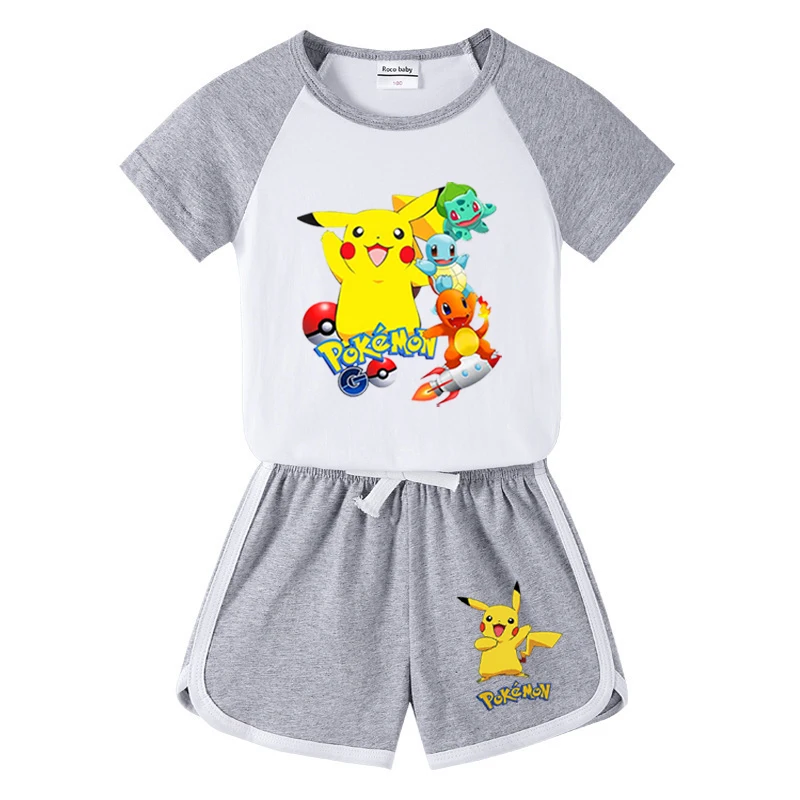 thumbnail image 1 of Conjunto de ropa para niños, camiseta de Pikachu para niño y niña, pantalones cortos, conjuntos de 2 uds., conjuntos de algodón para niñas pequeñas, ropa deportiva de la Patrulla Canina para niños, 1 of 5