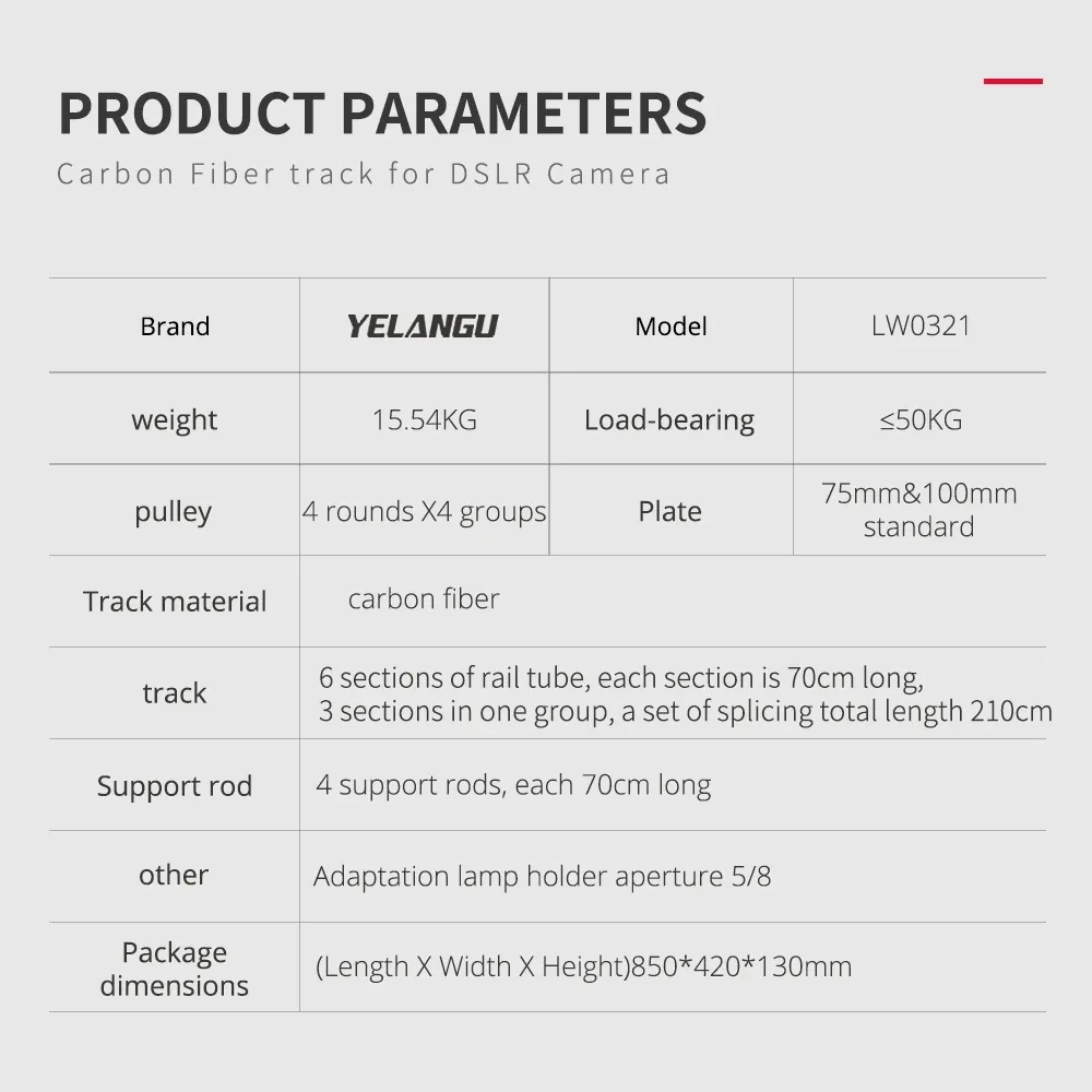 YELANGU LW0321 Professional Electric Camera Carbon Fiber Track Slr Camera Slider Rail Carrying 50kg Fiber Track Portable 210cm