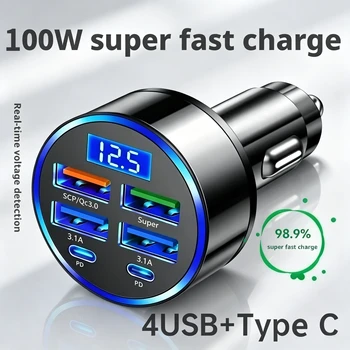 Caricabatterie per auto da 100 W, 4 porte USB, 2 porte PD, QC 3.1, ricarica rapida, presa accendisigari per auto, display digitale, per tutti i telefoni, caricabatterie portatile