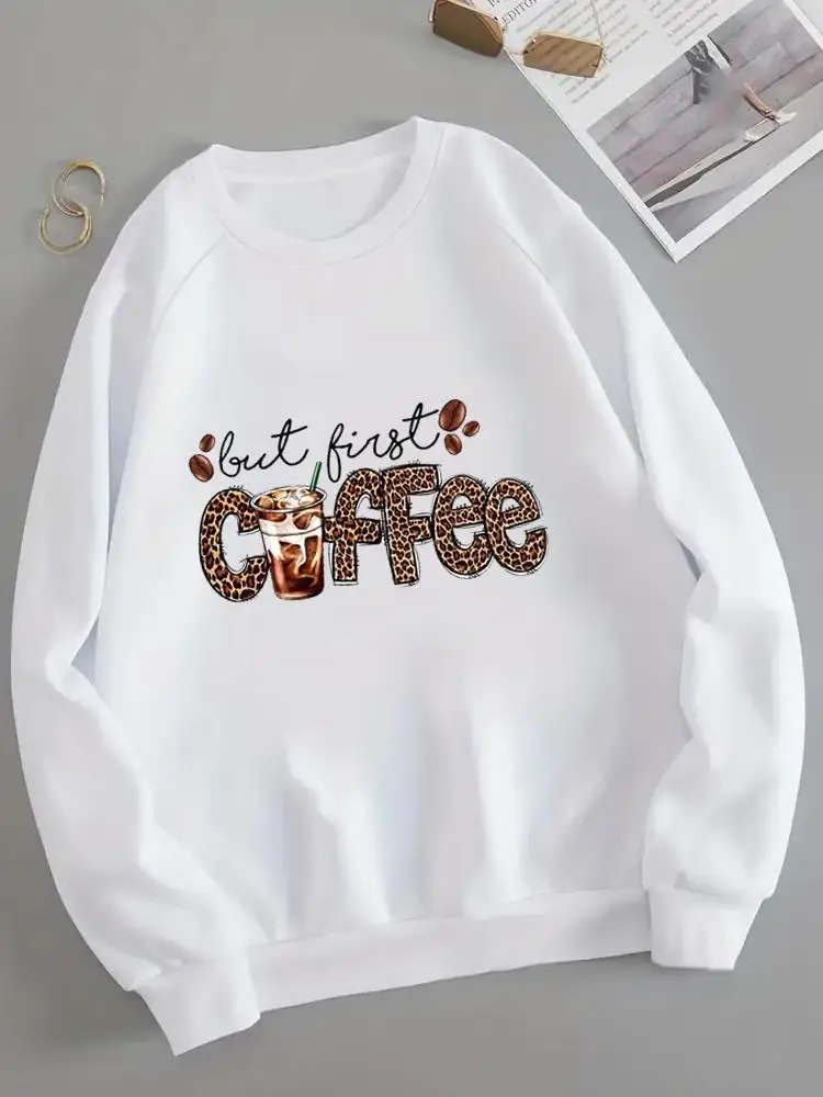 

Autumn Winter Pullovers Coffee Leopard Cute Fashion Clothing Female Print O-neck Graphic Long Sleeve Women Fleece Sweatshirts