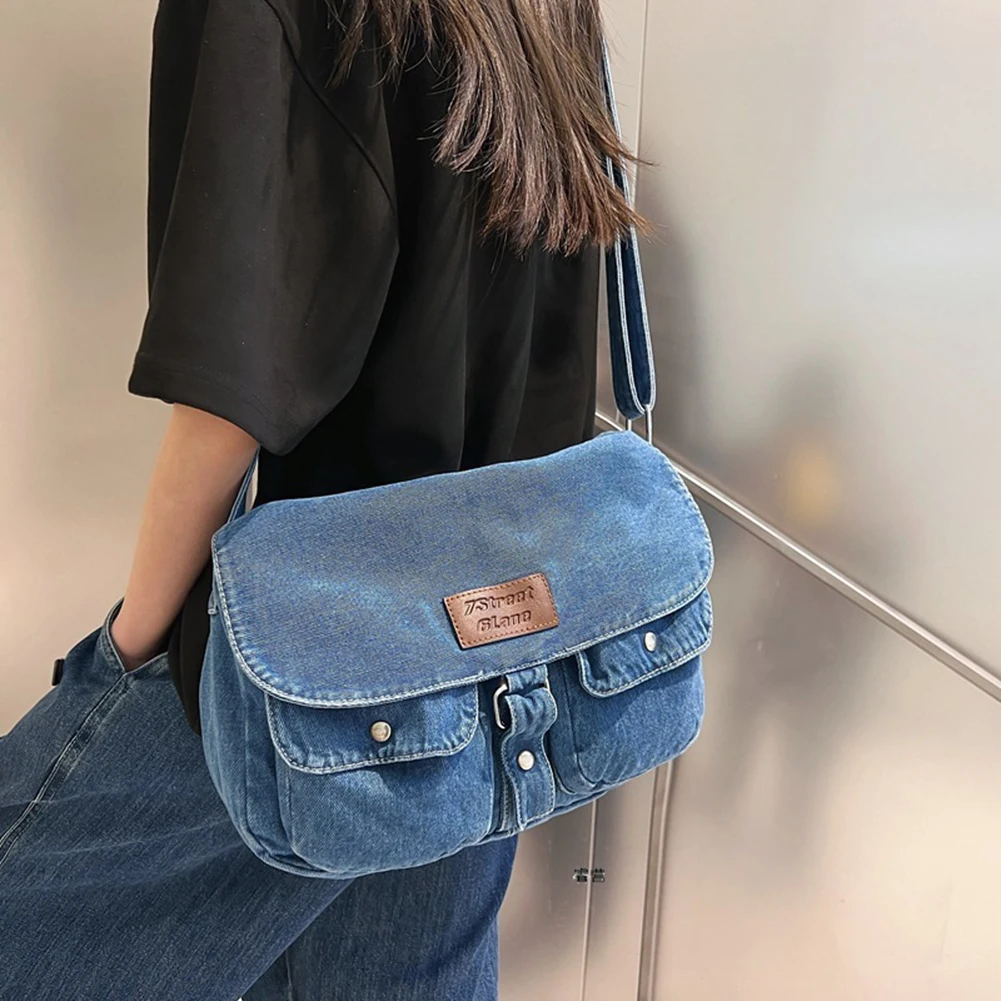 Women Denim Shoulder Bag Multi Pocket Crossbody Pouch Large Capacity Versatile Adjustable Strap Jean Bag for Travel Work