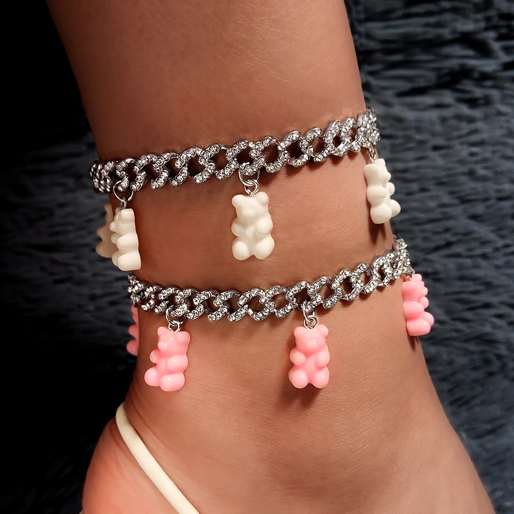 Tobilleras cubanas con de oso de goma de Color para mujer, pulsera tobillo con diamantes de imitación ostentosos, joyería para Descalzos| | - AliExpress