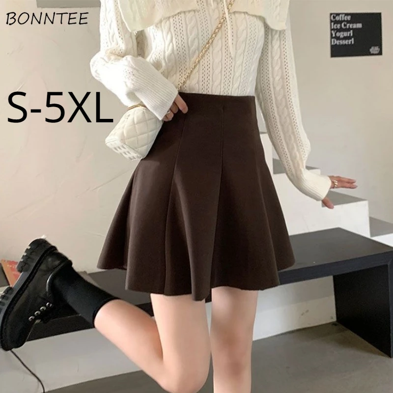 

Soild Pleated Skirts Women Woolen Autumn Winter S-5XL A-line Basic Simple Chic Streetwear High Waist Elegant Students Preppy