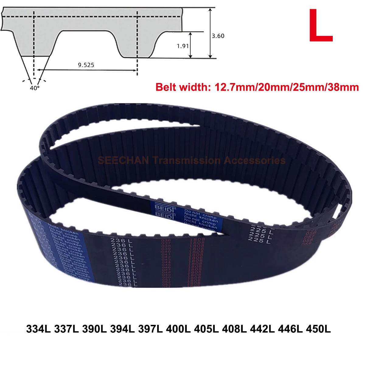 

L Trapezoidal Tooth Synchronous Timing Belt Width 12.7/20/25/38mm Closed-loop Rubber Transmission Belt 334L ~ 450L Pitch 9.525mm