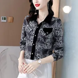 Vintage Female Chic Long Sleeve Printed Blouse - All - Match Loose Fit Polo - Neck Shirt - XXXL (Picture Color)