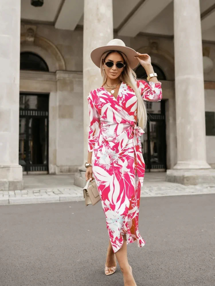 Autumn New Women's Printed Women's V-neck Lace-up Dress Elegant Cardigan Long-sleeved Medium and Long Strap-on Skirt